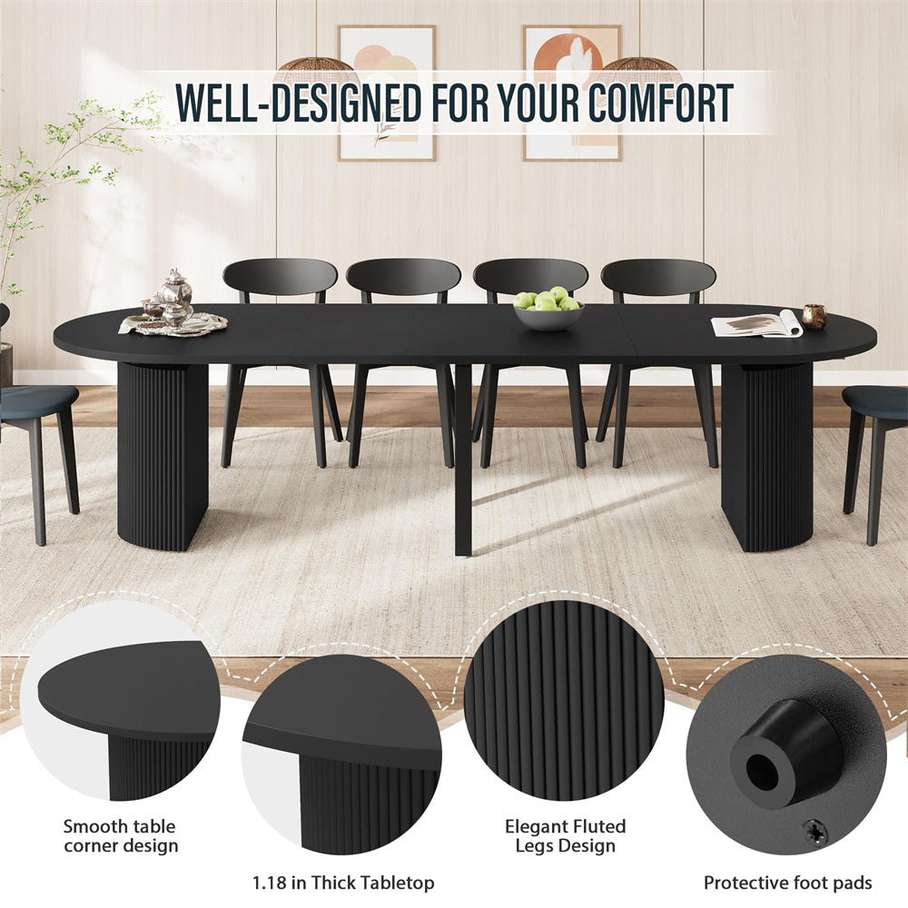 Black 42"-120" Kitchen Extendable Oval Dining Table for 4-14 with Fluted Pedestal Base & Reinforced Metal Support Leg