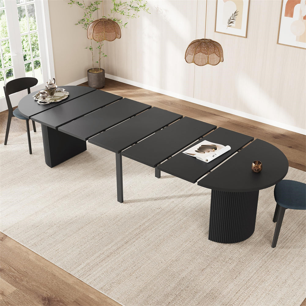 Black 42"-120" Kitchen Extendable Oval Dining Table for 4-14 with Fluted Pedestal Base & Reinforced Metal Support Leg