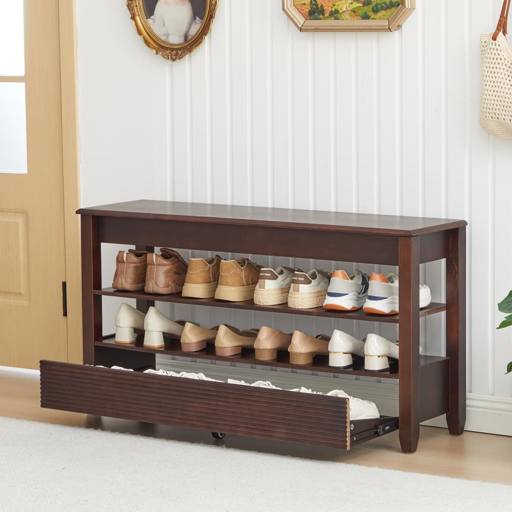Black 42.5" Wood Shoe Bench Entryway Shoe Rack with Hidden Flip-Top Compartment and Wheels