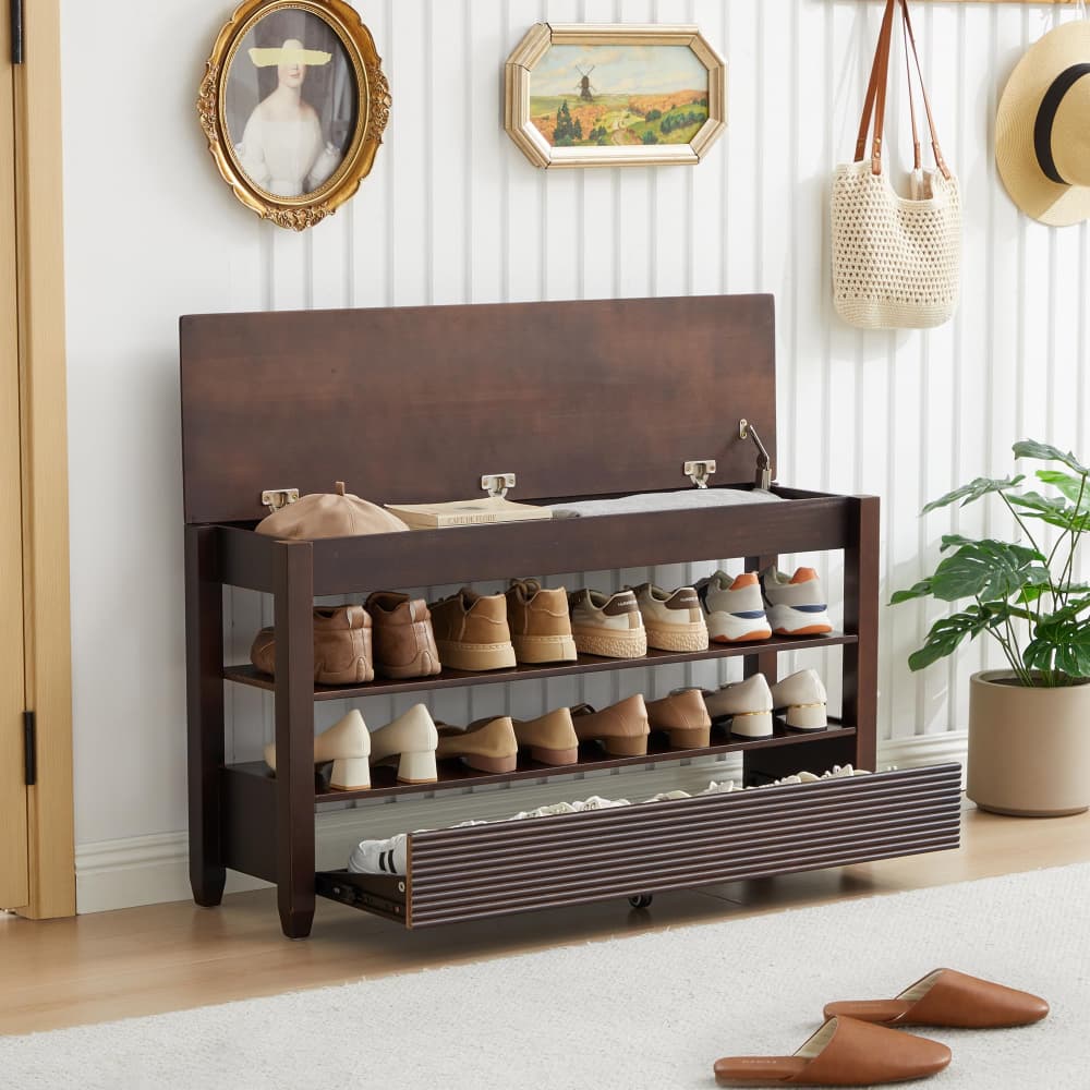 Black 42.5" Wood Shoe Bench Entryway Shoe Rack with Hidden Flip-Top Compartment and Wheels