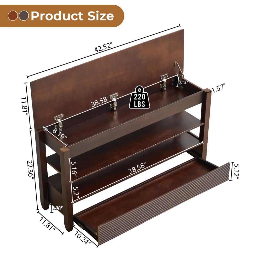 Black 42.5" Wood Shoe Bench Entryway Shoe Rack with Hidden Flip-Top Compartment and Wheels