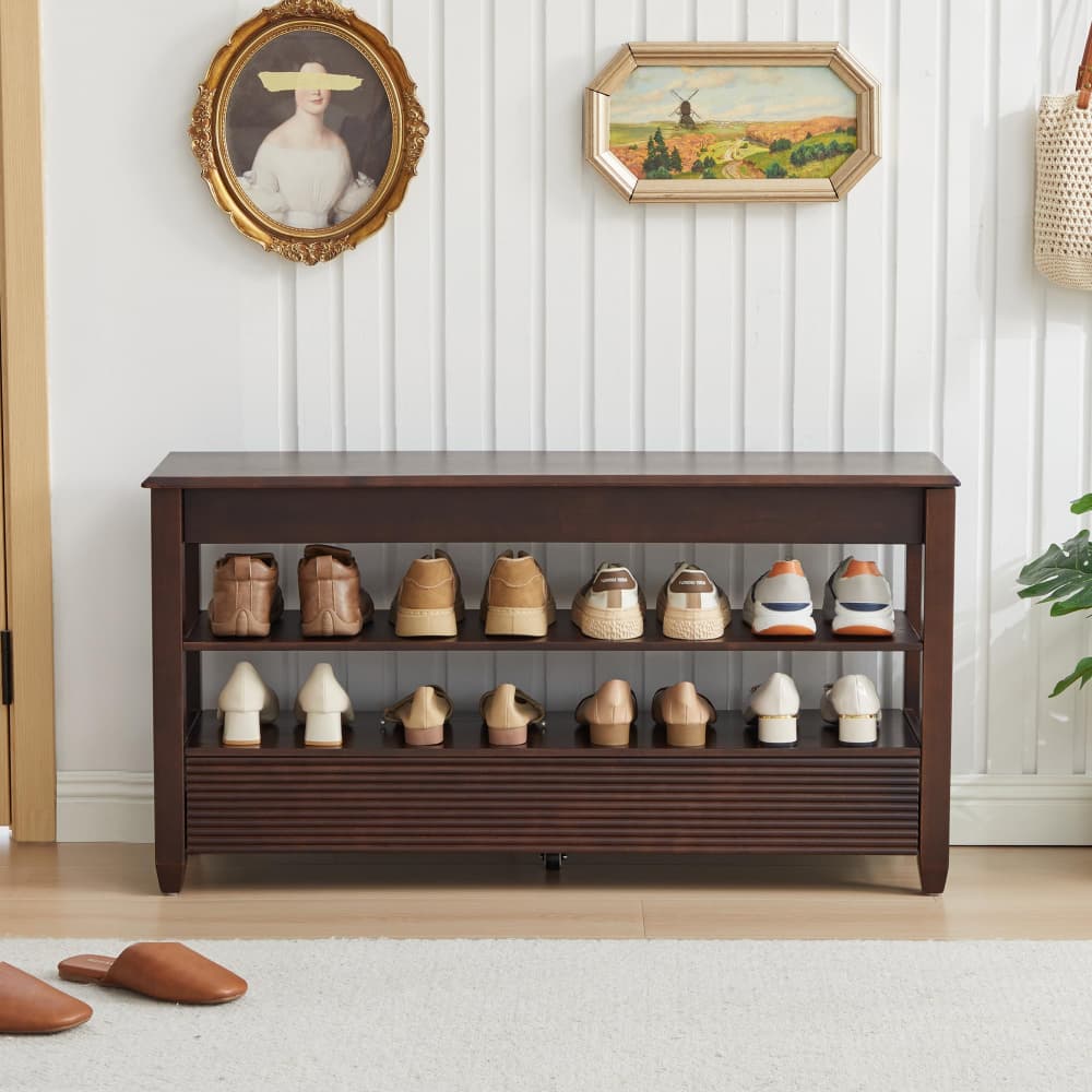 Black 42.5" Wood Shoe Bench Entryway Shoe Rack with Hidden Flip-Top Compartment and Wheels