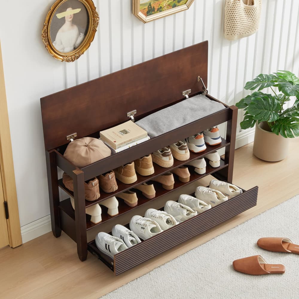 Black 42.5" Wood Shoe Bench Entryway Shoe Rack with Hidden Flip-Top Compartment and Wheels