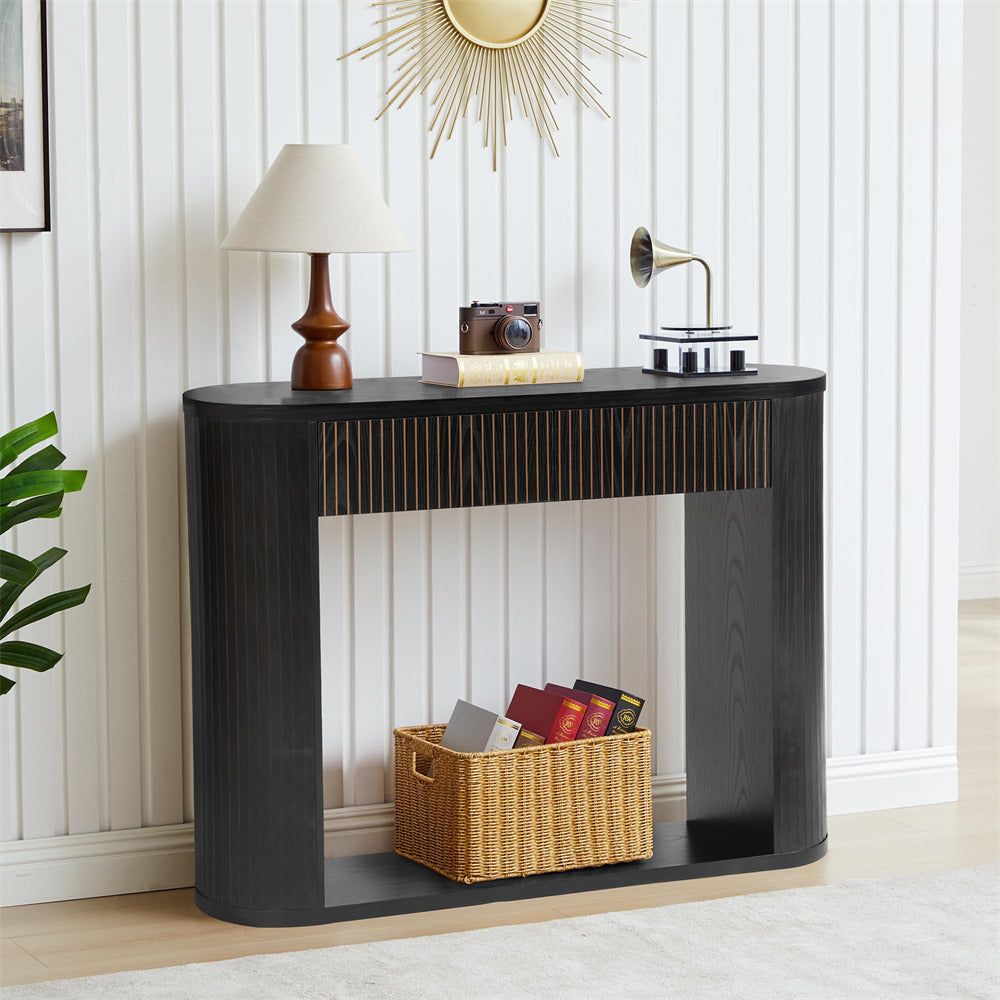 Black 42.5” Fluted Entryway Console Table with 2 Drawers and Rounded Corners
