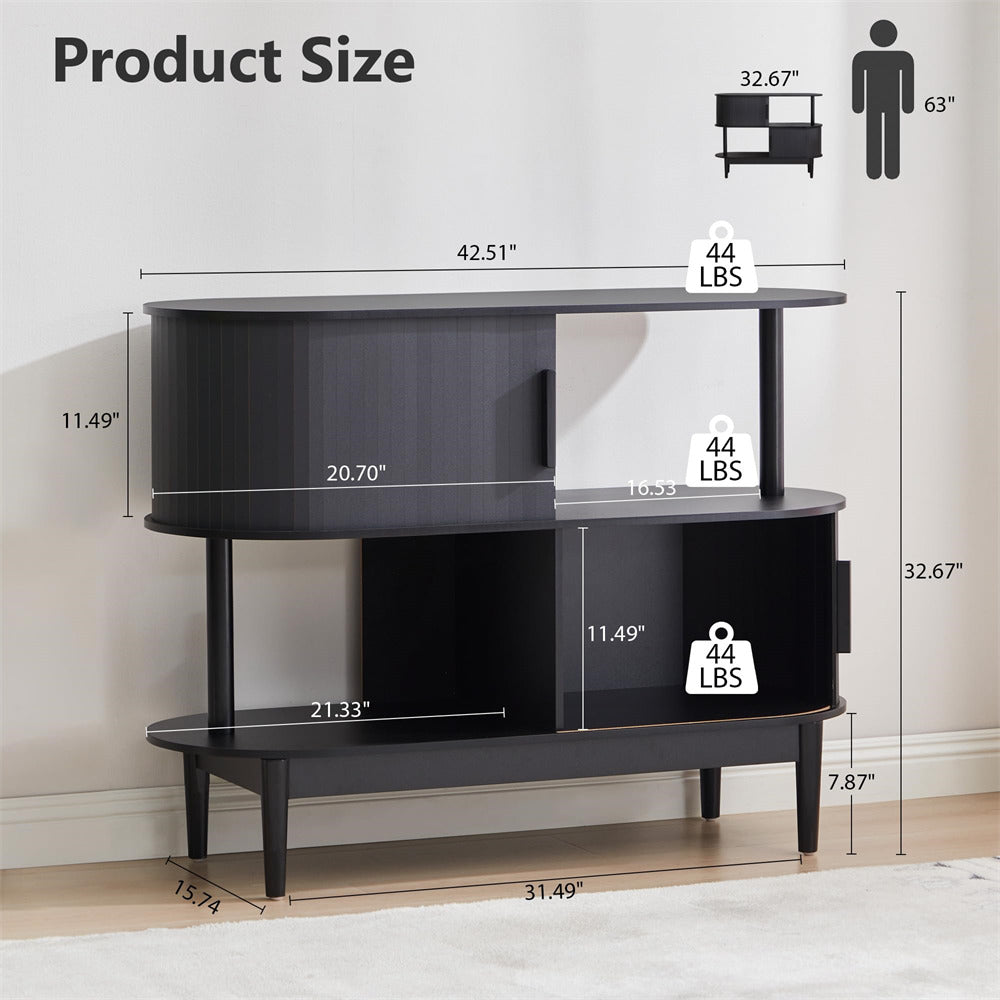 Black TV stand with measurements on a neutral background