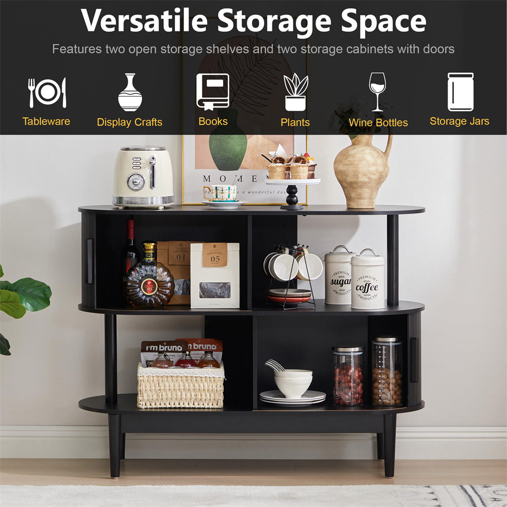 Black storage shelf with various items against a neutral wall