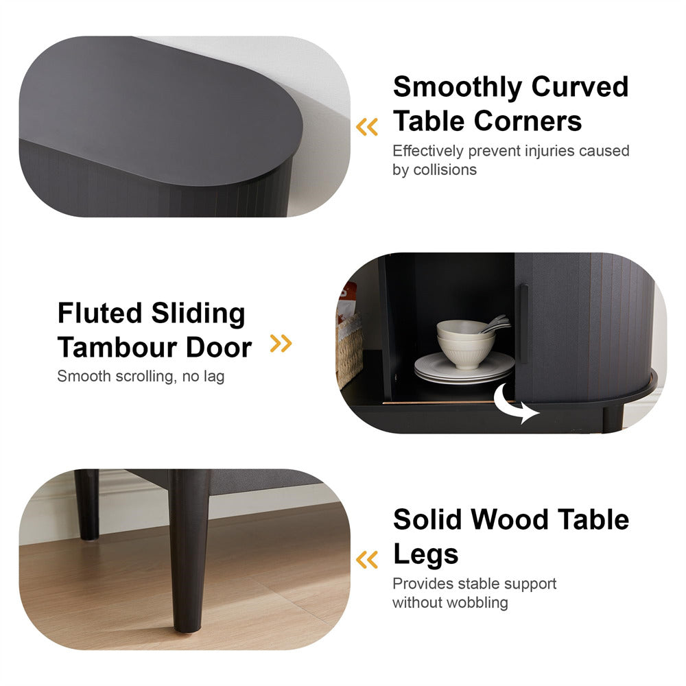 Table design features with text on smoothly curved corners, fluted sliding tambour door, and solid wood legs.