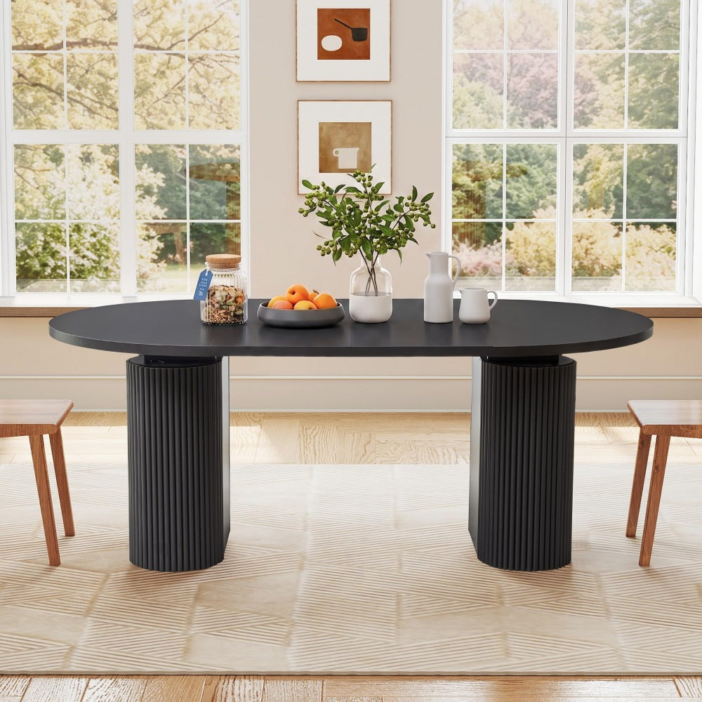 Black 43.3''-74.8'' Extendable Kitchen Dining Table for 4-8 with Removable Leaves & Fluted Base Circle