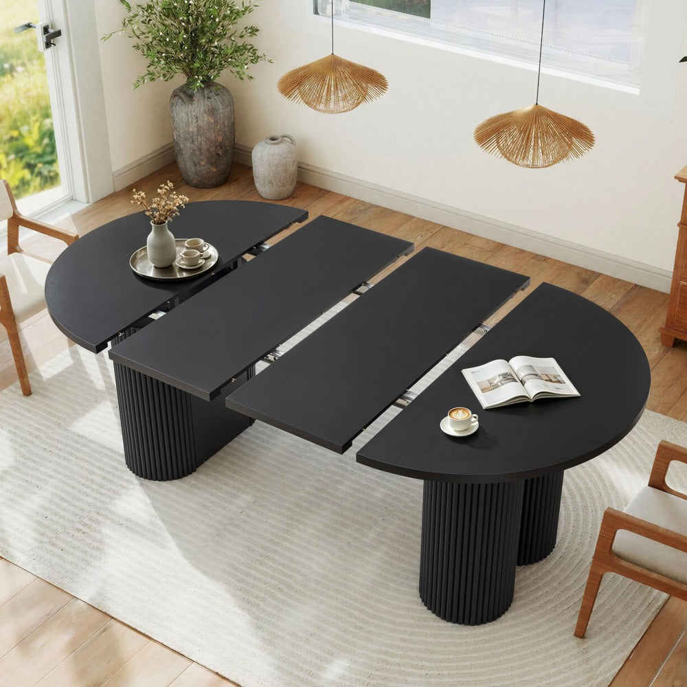 Black 43.3''-74.8'' Extendable Kitchen Dining Table for 4-8 with Removable Leaves & Fluted Base Circle