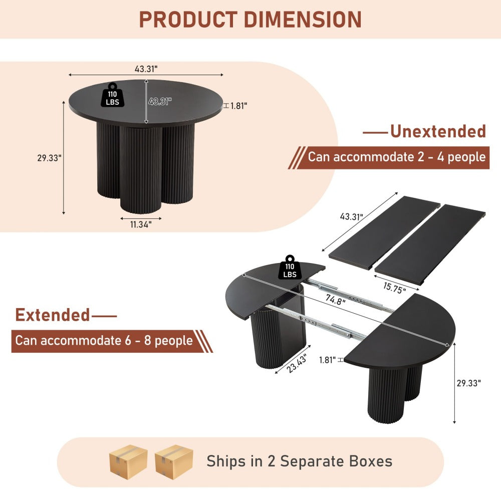 Product dimension diagram showing a black round folding table in both extended and unextended states, with measurements, weight capacity, and a note that it ships in two separate boxes.