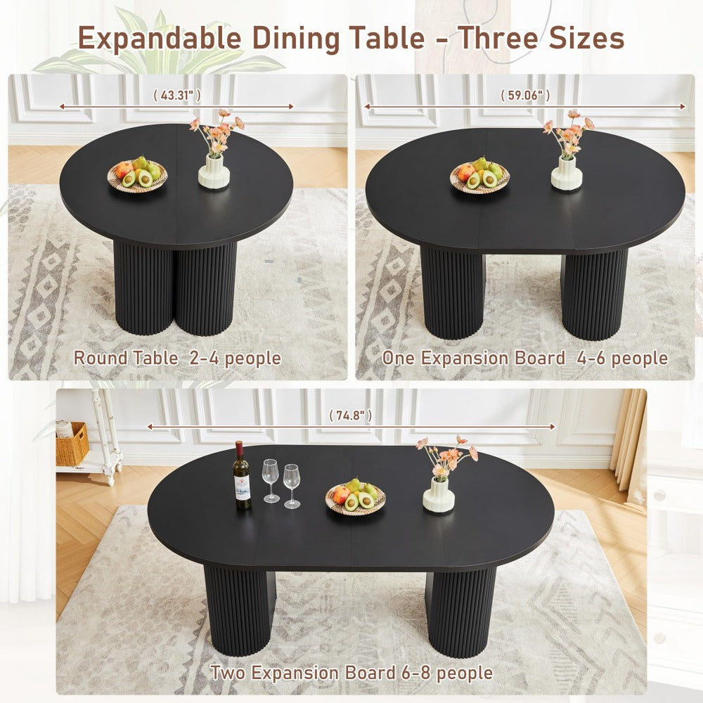 Expandable dining table shown in three size configurations with dimension callouts: round table for 2-4 people, one expansion board for 4-6 people, and two expansion boards for 6-8 people. The table is black with ribbed pedestal legs and is displayed in a bright room setting.