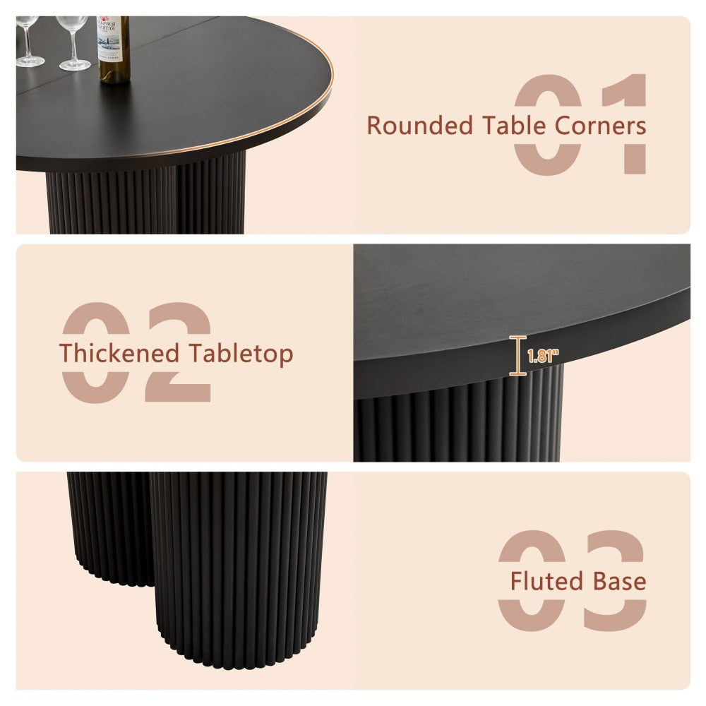 Three-panel product feature graphic for a black round table with a fluted base, showing rounded table corners, a thicker tabletop, and the fluted base, with beige background and text labels.
