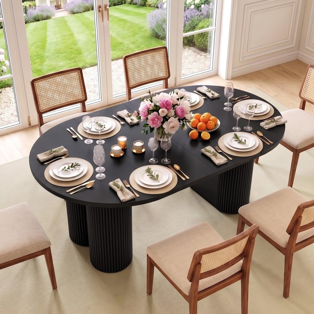Black 43.3''-74.8'' Extendable Kitchen Dining Table for 4-8 with Removable Leaves & Fluted Base Circle