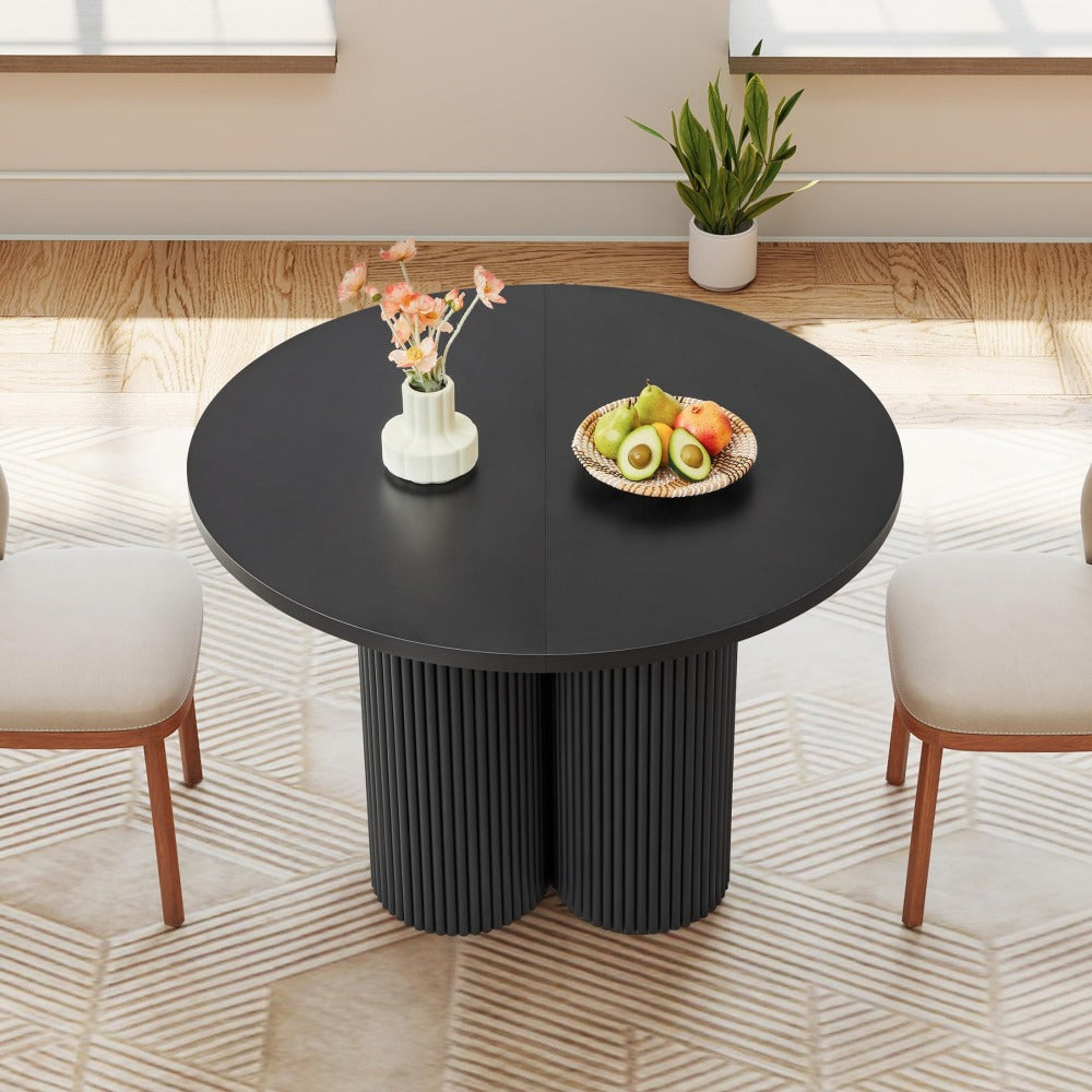 Black 43.3''-74.8'' Extendable Kitchen Dining Table for 4-8 with Removable Leaves & Fluted Base Circle