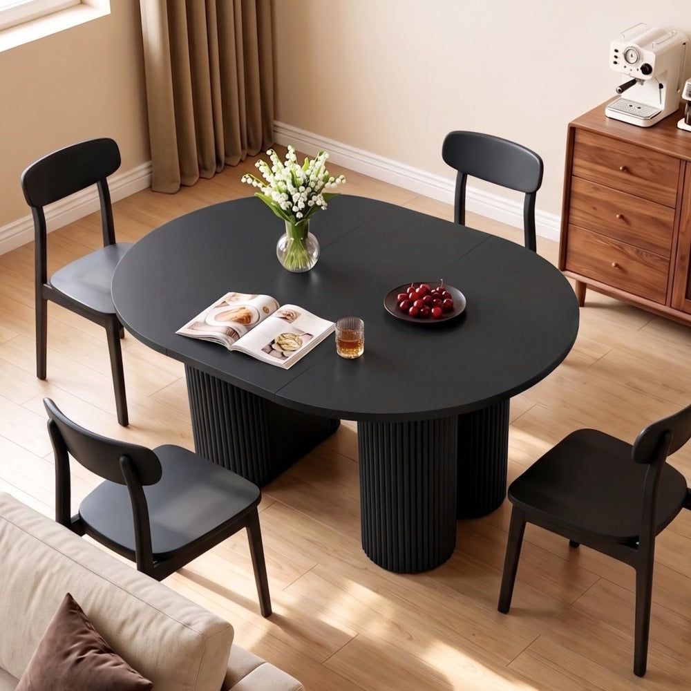 Black 43.3''-74.8'' Extendable Kitchen Dining Table for 4-8 with Removable Leaves & Fluted Base Circle