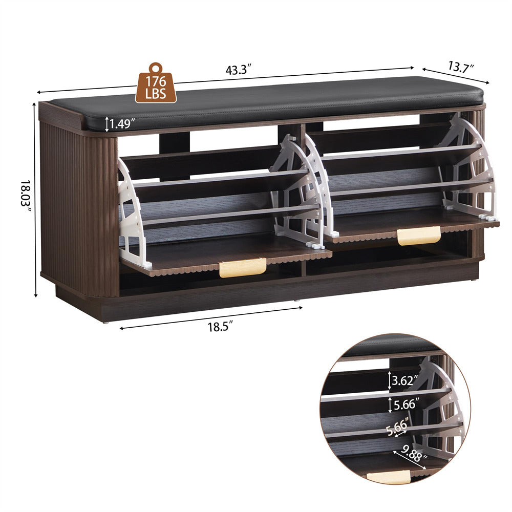 Wooden shoe rack with shelves and dimensions displayed