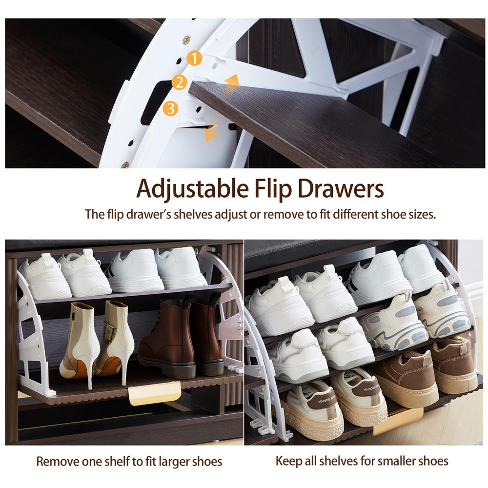 Adjustable flip drawers with shoes on shelves, showing how to fit different shoe sizes.