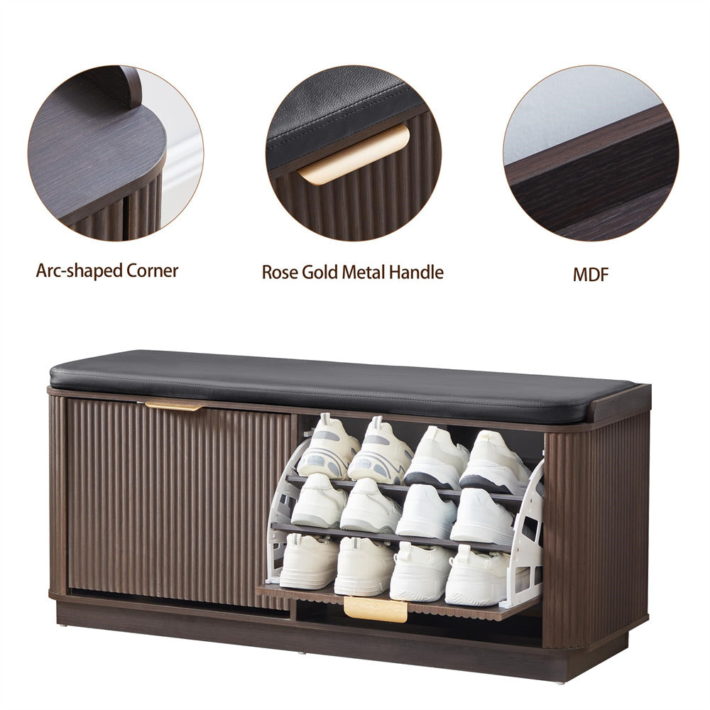 Wooden shoe storage bench with shoe rack, highlighting arc-shaped corner, rose gold metal handle, and MDF material.