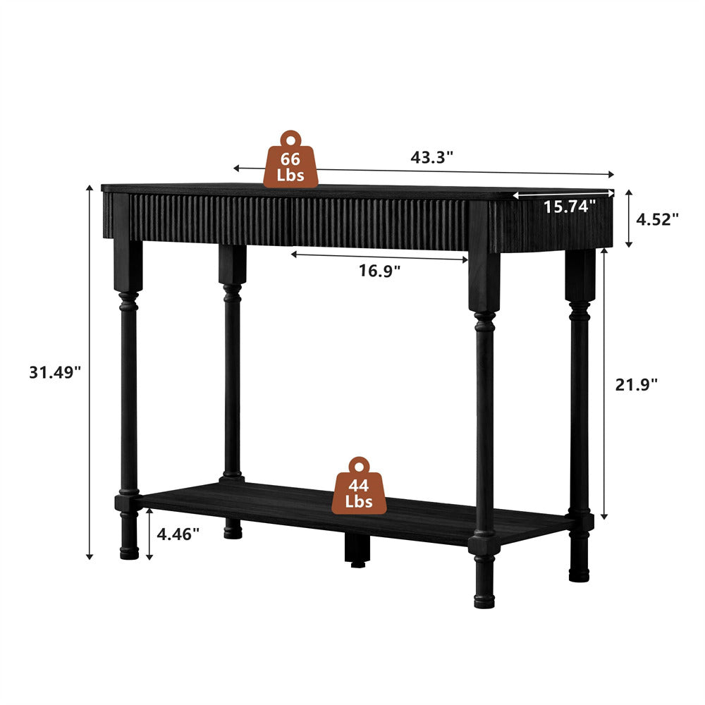 Black 43.3" metal table with dimensions and weight indicators on a white background