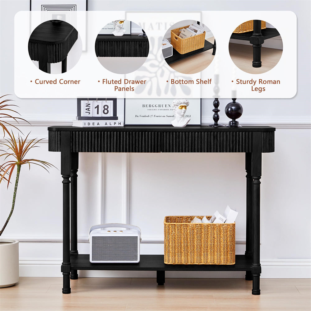 Black 43.3" console table with decorative items and feature labels on a white wall.