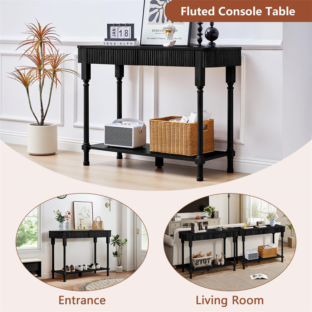Fluted console table with decorative items in a living room setting