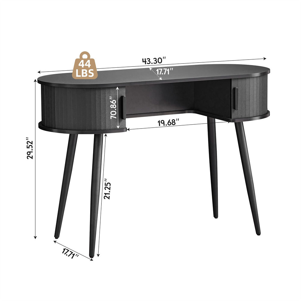 Black desk with measurements and weight label on a white background