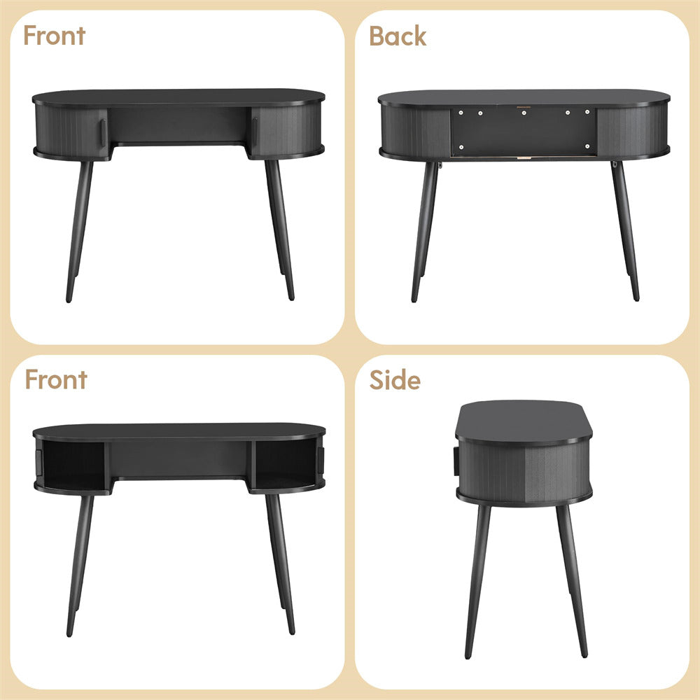 Black oval desk shown from front, back, side, and angle views on a beige background.