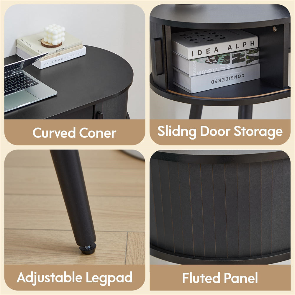 Collage of a black side table with features labeled: Curved Corner, Sliding Door Storage, Adjustable Legpad, Fluted Panel.
