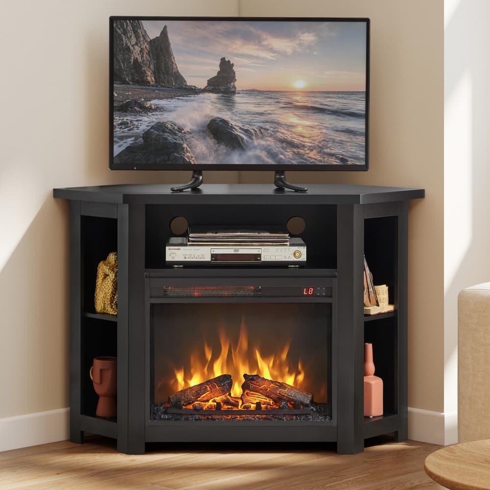 Black 44" Corner Fireplace TV Stand up to 50" with 1400W Electric Fireplace & Smart Remote