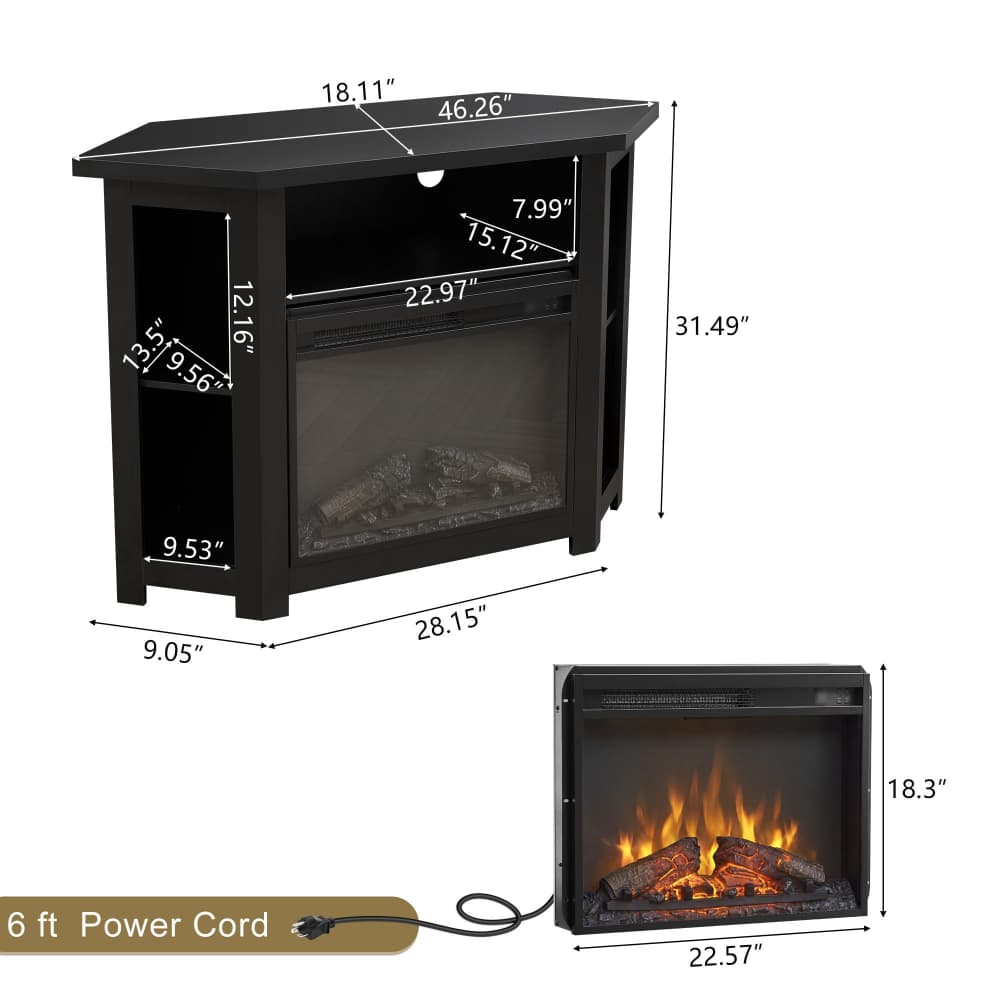 Black 44" Corner Fireplace TV Stand up to 50" with 1400W Electric Fireplace & Smart Remote Size