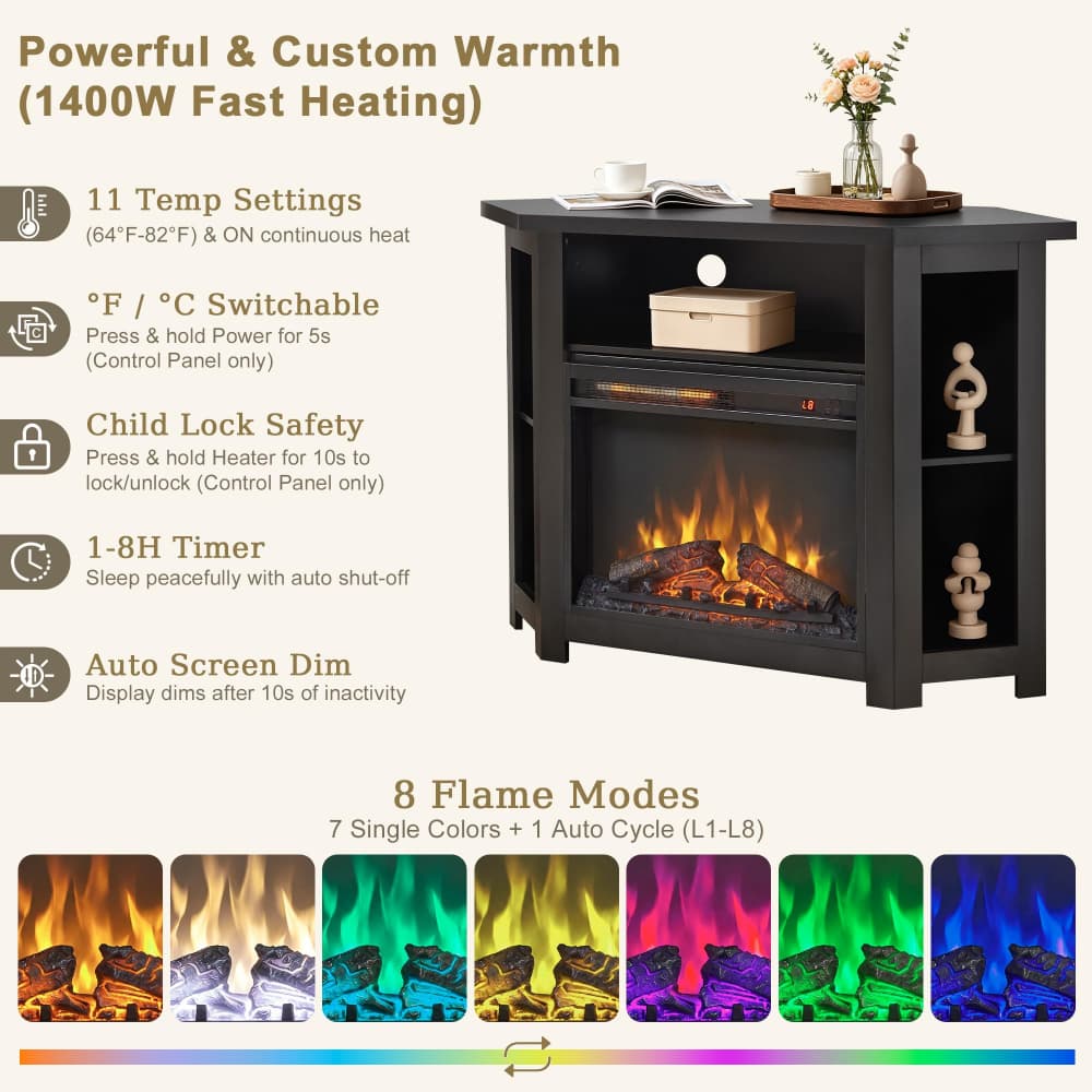 Black 44" Corner Fireplace TV Stand up to 50" with 1400W Electric Fireplace & Smart Remote