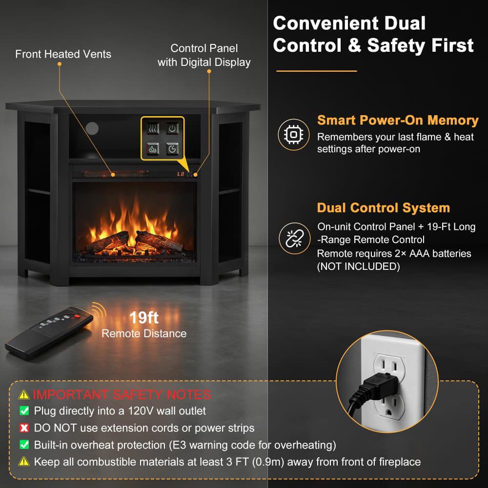 Black 44" Corner Fireplace TV Stand up to 50" with 1400W Electric Fireplace & Smart Remote