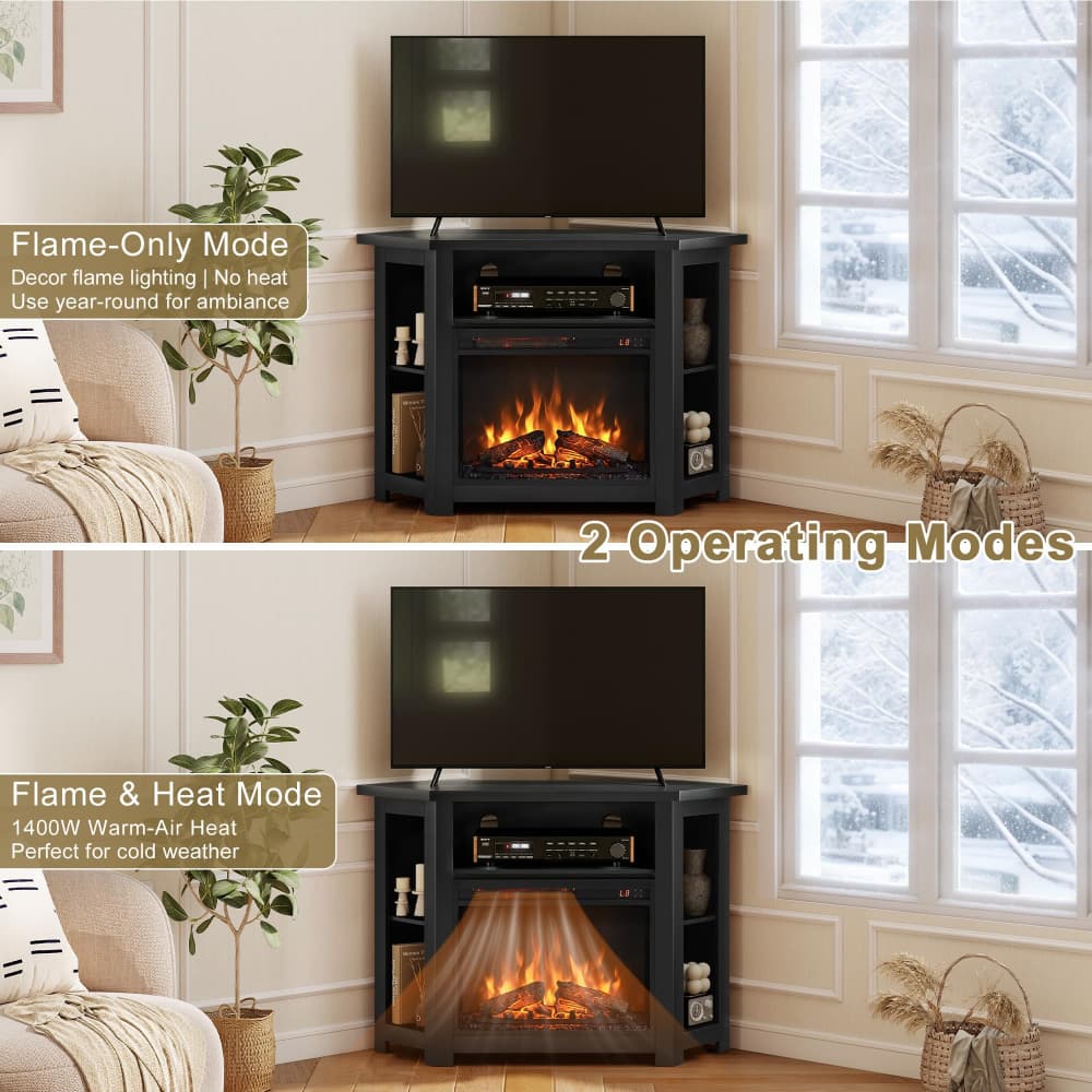 Black 44" Corner Fireplace TV Stand up to 50" with 1400W Electric Fireplace & Smart Remote