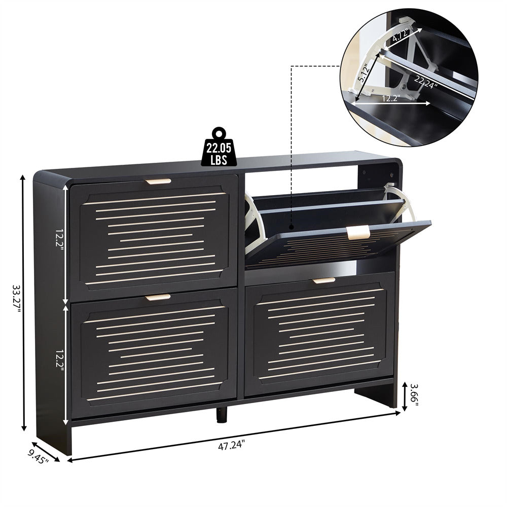 Black metal storage cabinet with open door, weight label, and dimensions on a white background