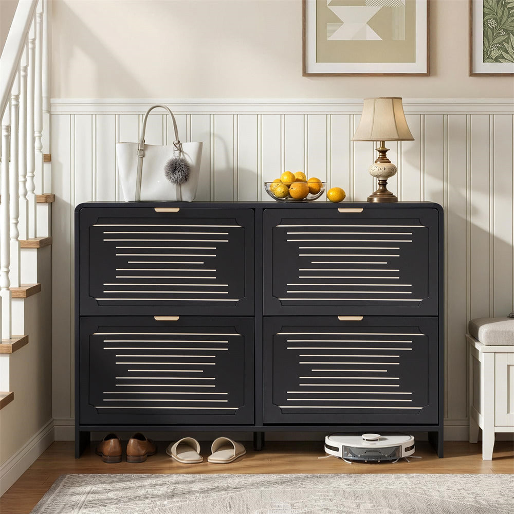 Black metal storage cabinet with decorative items on top in a home setting