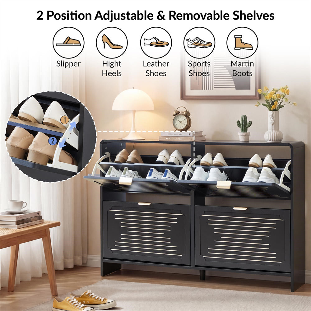 Shoe cabinet with adjustable shelves in a room setting