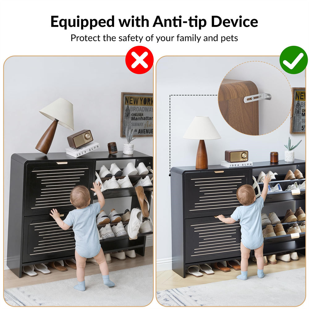 Comparison of a shoe cabinet with and without an anti-tip device, showing a child's safety risk.