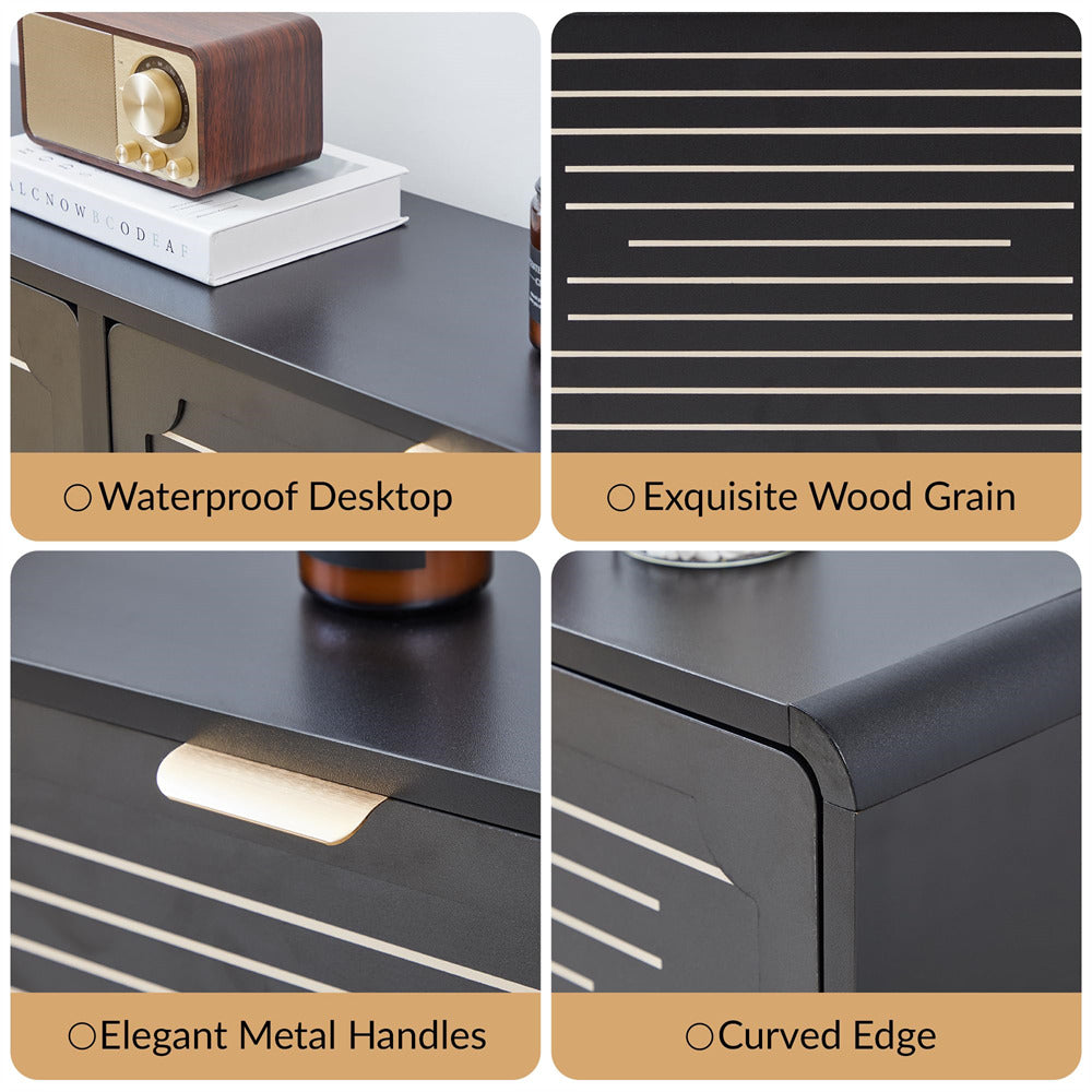 Collage of a dark gray desk with features highlighted, including waterproof desktop, exquisite wood grain, elegant metal handles, and curved edge.