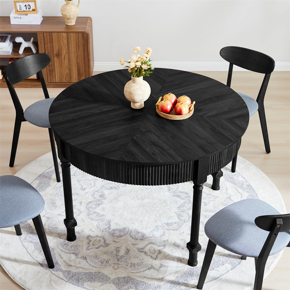 Black 47 Inch Modern Fluted Round Dining Table with 2 Drawers for 4-6 People