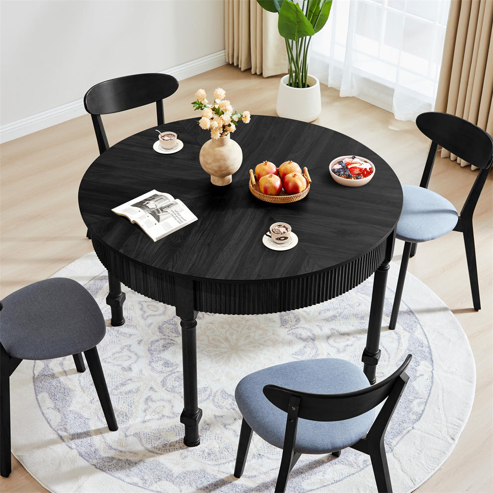 Black 47 Inch Modern Fluted Round Dining Table with 2 Drawers for 4-6 People