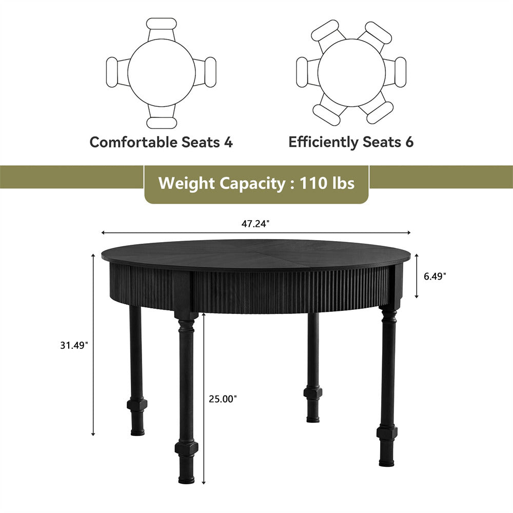 Black 47 Inch Modern Fluted Round Dining Table with 2 Drawers for 4-6 People