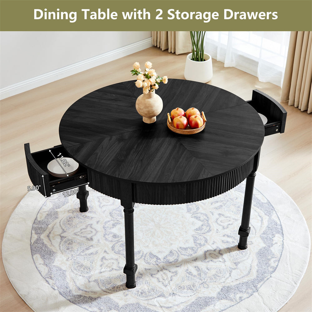 Black 47 Inch Modern Fluted Round Dining Table with 2 Drawers for 4-6 People
