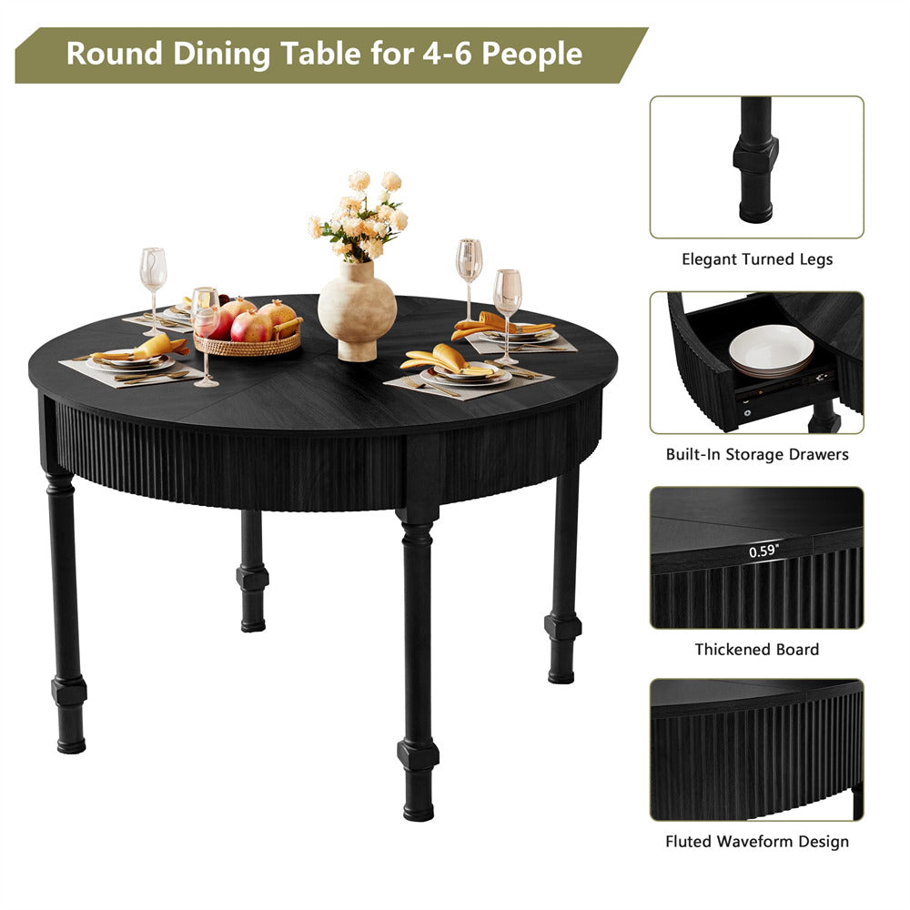 Black 47 Inch Modern Fluted Round Dining Table with 2 Drawers for 4-6 People