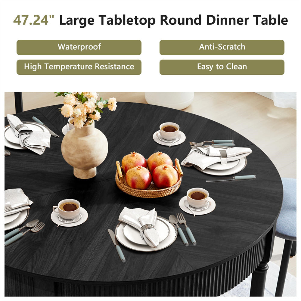 Black 47 Inch Modern Fluted Round Dining Table with 2 Drawers for 4-6 People