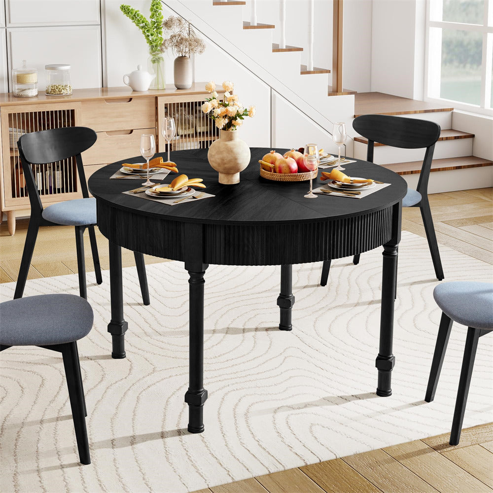 Black 47 Inch Modern Fluted Round Dining Table with 2 Drawers for 4-6 People