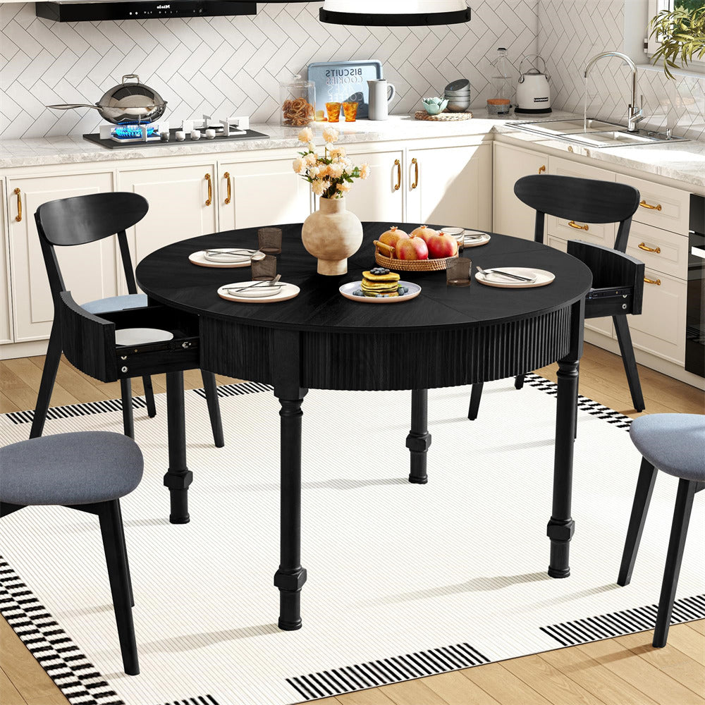 Black 47 Inch Modern Fluted Round Dining Table with 2 Drawers for 4-6 People