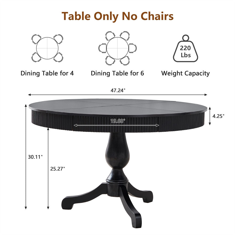 Black round dining table with dimensions and weight capacity on a white background