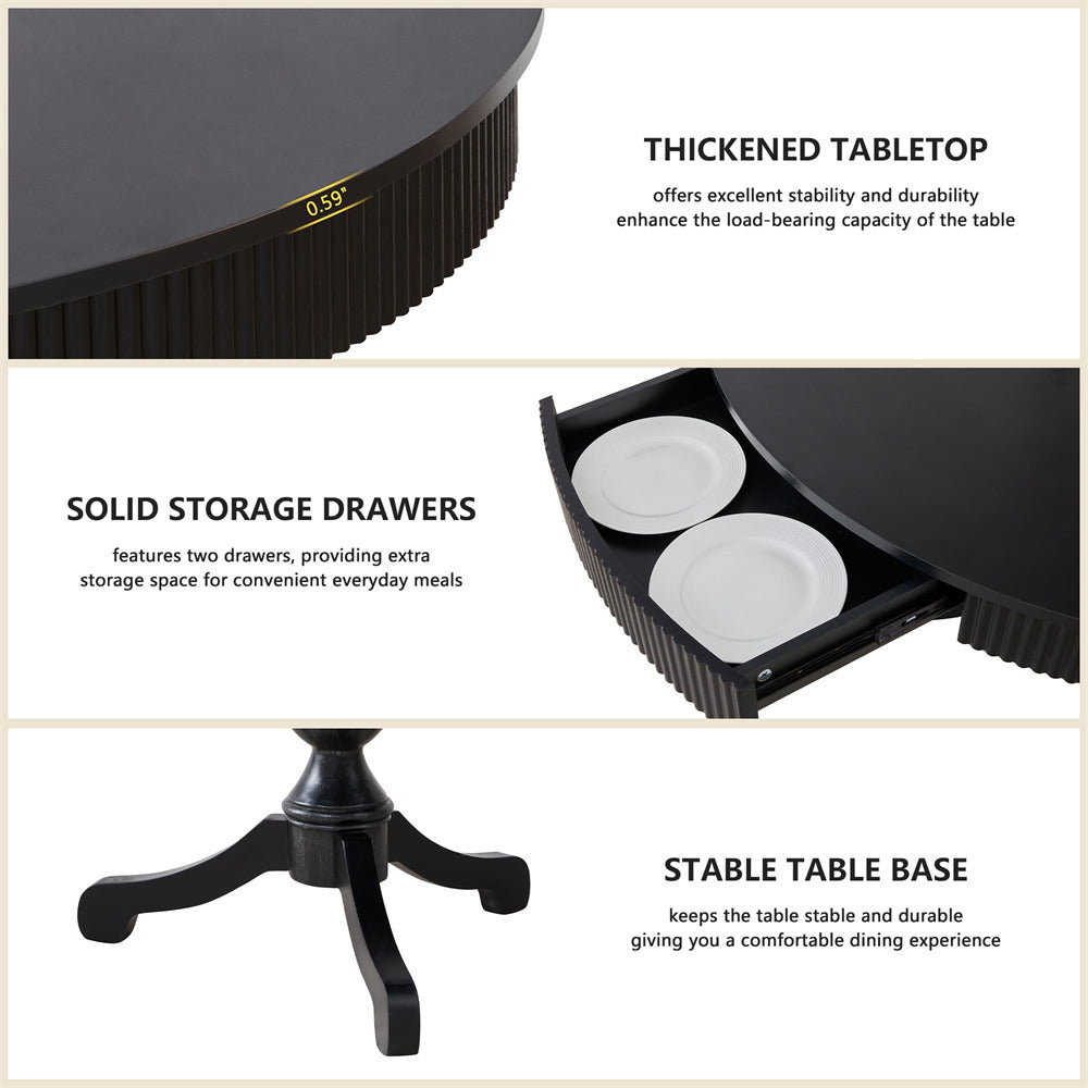 Black dining table with thickened tabletop, solid storage drawers, and stable base on a beige background.