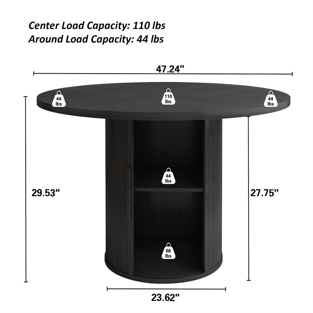 Black round table with load capacity indicators and dimensions on a white background