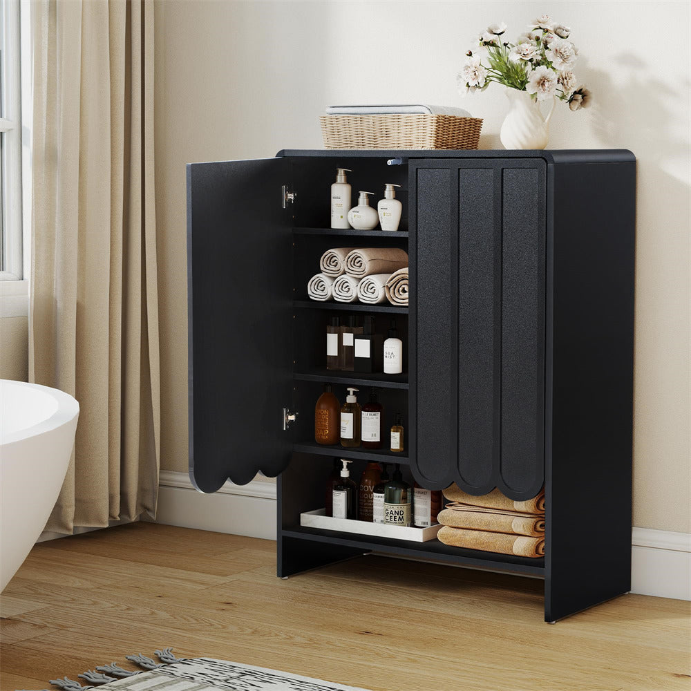 Black 5-tier wooden shoe cabinet with open doors displaying towels and bottles in a bathroom setting.